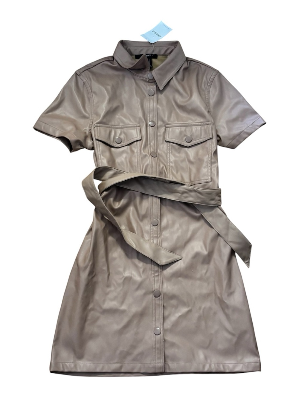 Forever 21 Faux Leather Short Sleeve Belted Pleather Dress Tan Small New Tag